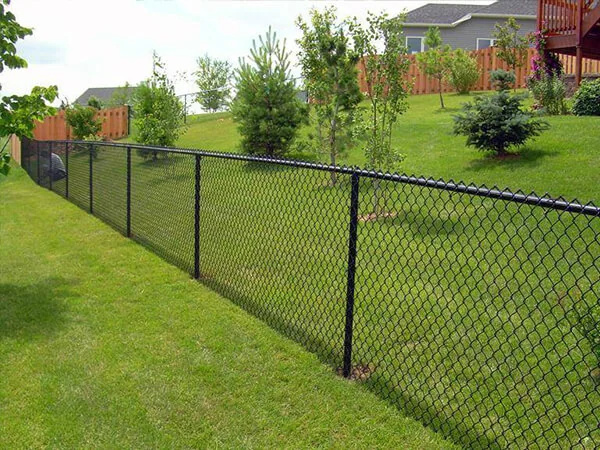 Black chain-link fence along a residential lawn