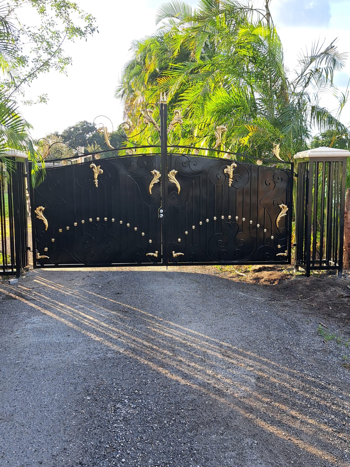 Front view of the black gate and gold-colored ornamentation